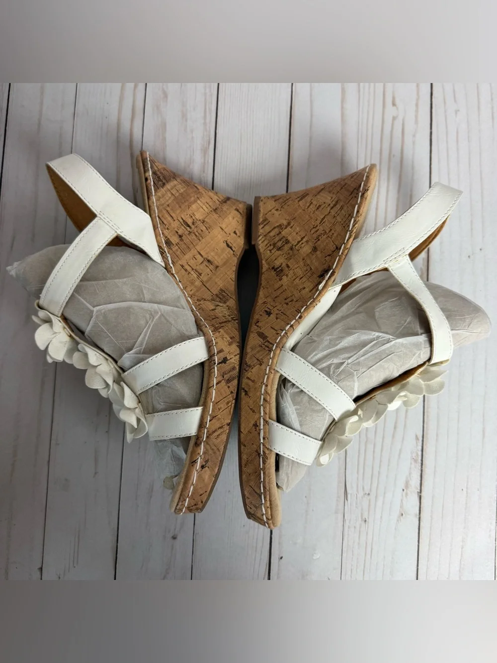 B.O.C. White Flower Vegan Leather Cork Wedges Open Toe Slingback Sandals